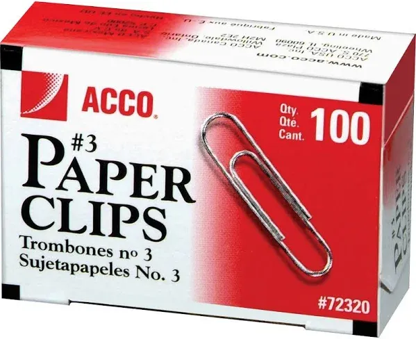 ACCO Economy #3 Paper Clips, Small, Smooth Finish, 15/16 Inches Long, Silver, 1 Box of 100 Clips (72320)