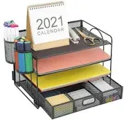 Marbrasse Mesh File Organizer for Desk, Desk Organizer and Accessories，Desktop Organizer 4-Tier Mesh Desk File Organizer with 5 Sections File Bookshelf and 2 Pen Holders for Home Office Supplies