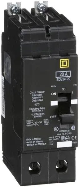 Square D EDB24020, 20 Amp, 480 Volt, 2 pole, Circuit Breaker- NEW-B