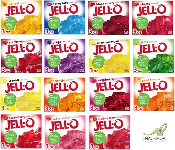 Jello Gelatin Variety Pack, 15 Flavors, 3oz per Flavor Jello Mix by Snackivore.