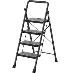 4 Step Ladder, RIKADE Folding Step Stool, Step Stool with Wide Anti-Slip Pedal, Lightweight, Portable Folding Step Ladder with Handgrip, Multi-use Steel Ladder for Household and Office Black