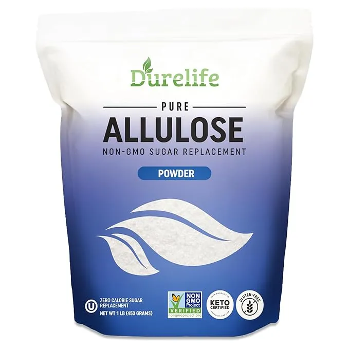 Durelife Allulose sweetener, 1 lb 100% Pure No Erythritol powdered Sugar Substitute, NON-GMO Project Verified, Keto Certified, OU kosher, No Fillers, Zero Calories sugar alternative 1 Lbs