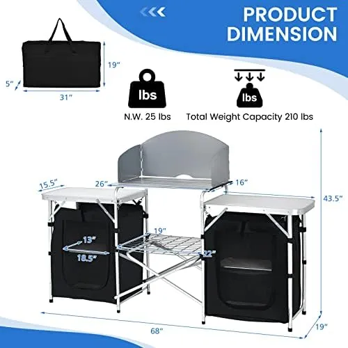 Costway Folding Portable Aluminum Camping Grill Table with Storage Organizer Windscreen