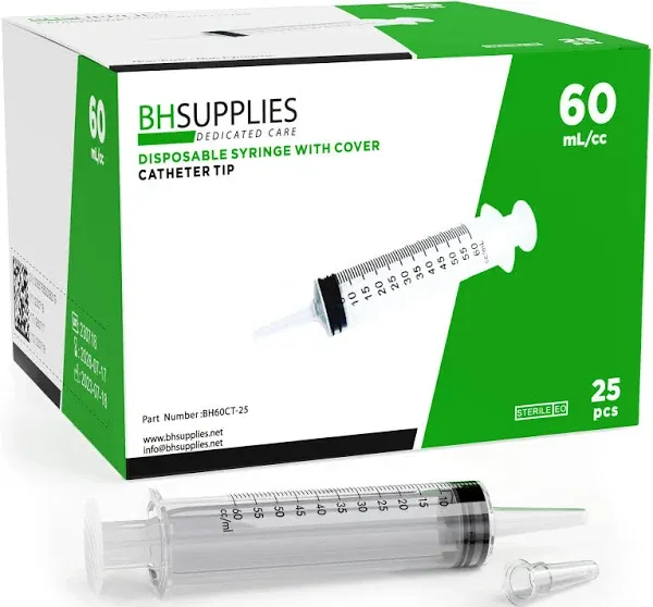 BH Supplies 60mL Syringe Catheter Tip Sterile with Caps - (No Needle) - Sterile, Individually Wrapped - 25 Syringes