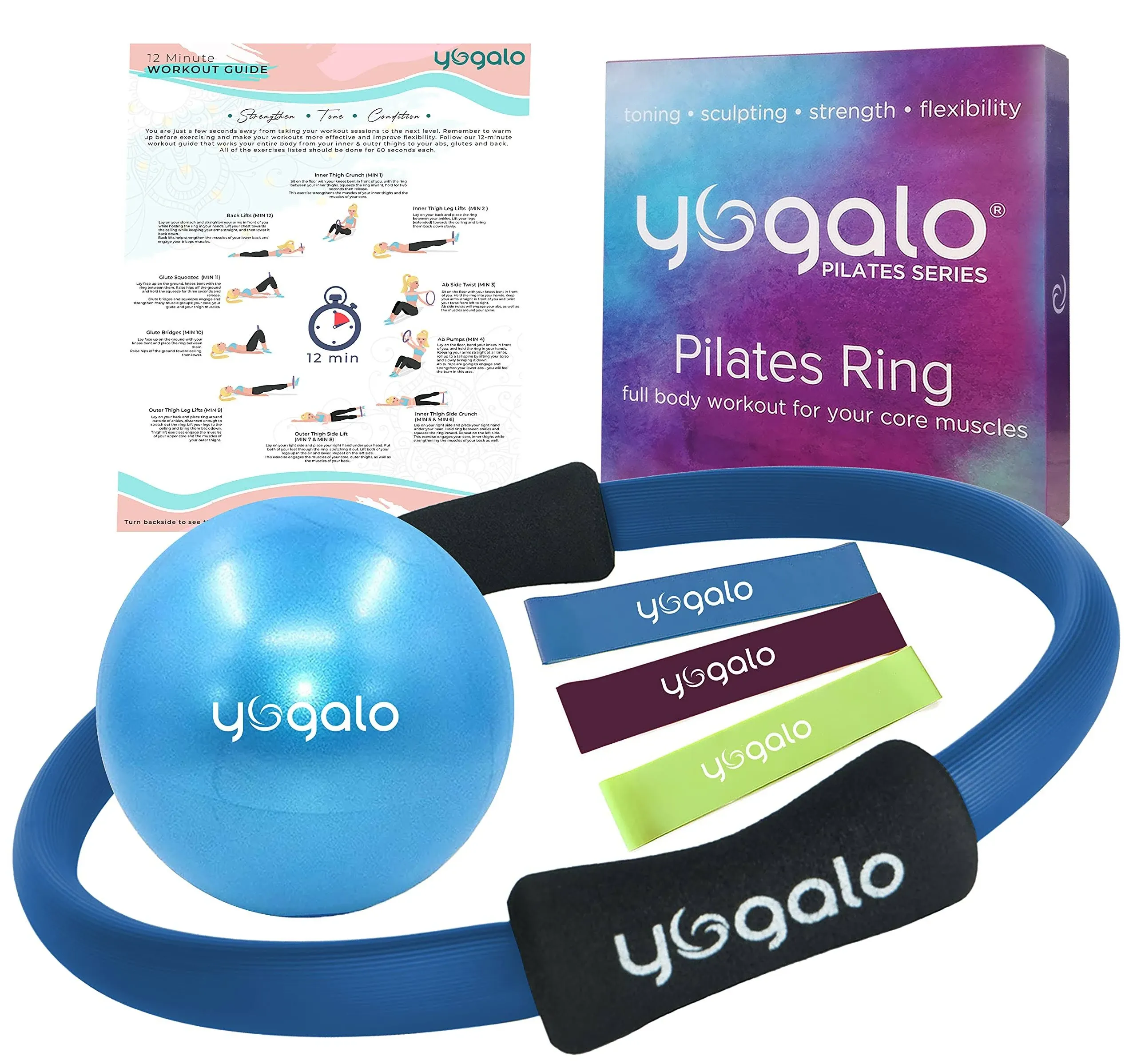 Pilates Ring and Ball Set with 3 Resistance Bands - Pilates Equipment for Home Workout - Magic Circle Pilates Ring 14 Inch to Tone, Sculpt and Strengthen - Fitness Ring for Yoga and Pilates (Blue)