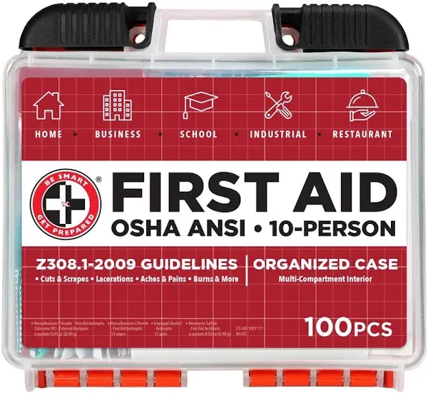 Be Smart Get Prepared OSHA/ANSI First Aid Kit - 10 Person, 100 Pieces - Designed for Home, Business, School, Industrial, and Restaurants - Compact & Portable