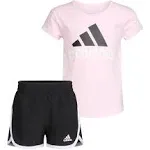 Adidas Girls Classic Logo Short Sleeve T-Shirt Short Set in Pink, 5, Cotton