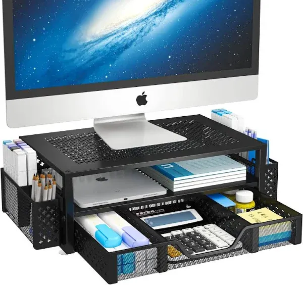 Metal Monitor Stand Riser and Computer Desk Organizer with Drawer