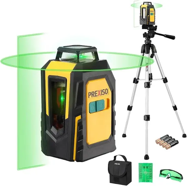 PREXISO 360° Laser Level with Tripod, 100Ft Cross Line Leveler- Green Horizontal Line Laser Level Self Leveling for Construction, Floor Tile Renovation with Target Plate, Green Glasses, 4 AA Batteries