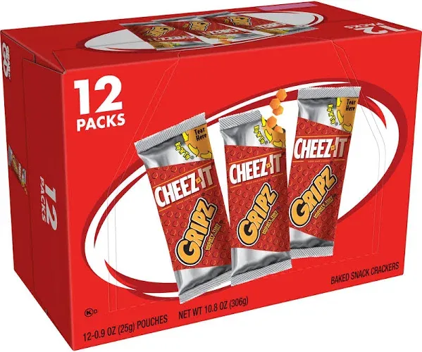 Cheez-It Gripz, Tiny Baked Snack Cheese Crackers, Original, Great for On-the-Go, 10.8oz Box (12 Pouches)