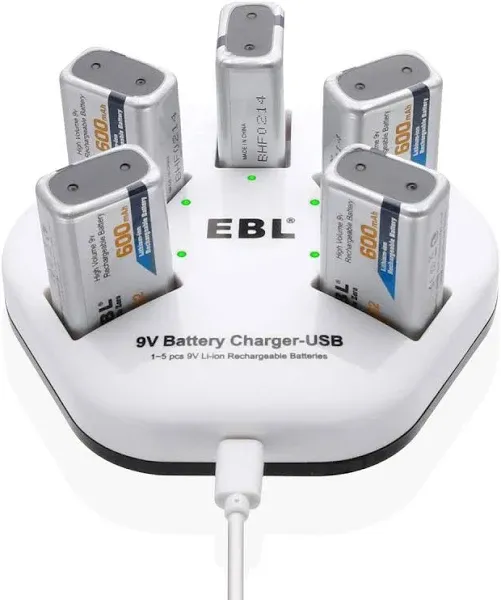 EBL 9V Rechargeable Batteries Lithium ion 9V 600mAh Batteries 600mAh (5 Packs) with 5 Bay 9V Battery Charger 2A Input for Smoke Alarm Detectors