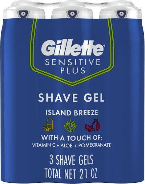 Gillette Sensitive Plus Shave Gel, Island Breeze, 7 Ounce (Pack of 3)