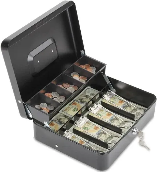 Polspag Cash Box with Lock and 2 Keys Large Cash Boxes Metal Money Box with Cash Tray