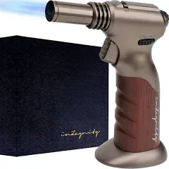 Dual Flame Butane Torch - Refillable Handheld Blow Torch for Cooking, Soldering, & Resin Art w/Adjustable Flame & Ignition Lock - Kitchen Blow Torch & Luxurious Gift Box by inZaynity - Brown Steel