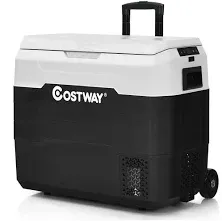 COSTWAY Car Refrigerator with Wheels, 42-Quart Dual-zone Electric Cooler with Telescopic Handle, 12V/24V DC, 100-240V AC, -4°F To 50°F, Portable Fridge Freezer for RV Camping Travel, White+Black