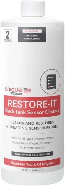 Unique Restore-It RV Sensor Cleaner Liquid for Black Water Holding Tanks - Cleans and Restores Misreading Camper Black Tank Sensor Probes, Formerly Sensor Cleaner, CA Compliant (32 oz.)