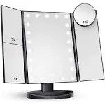 HUONUL Makeup Mirror Vanity with Lights, 2x 3X 10x Magnification, Lighted Mirror, Touch Control, Trifold Dual Power Supply, Portable LED Women Gift