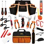 R RECOMFIT 25 Pieces Kids Real Tool Kit Children Real Tool Set with Real Hand Tools, Kids Tool Belt, Pouch Bag,Magnetic Wristband for Small Hands