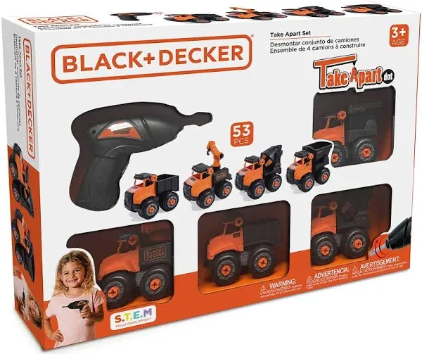 Black and Decker Take Apart Mini Construction Trucks Set, four durable trucks