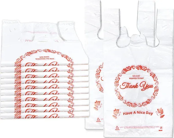 1000PACK Thank you bags, T shirt bags, White Plastic Bags with Handles, Grocery shopping bag Reusable and Disposable Supermarket Bag 11''x6''x21'', Large