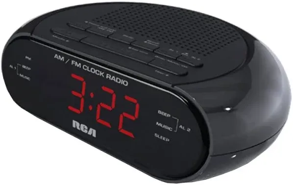 RCA RC205A AM/FM Alarm Clock, Black, Dual Wake, 0.6" Red LED, Sleep and Snooze Functions