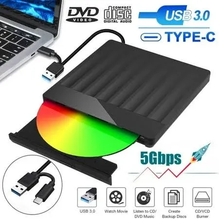 External CD DVD +/-RW Drive USB 3.0 Type C Portable CD/DVD Player Burner Reader Writer Optical CD ROM Disk Drive for Laptop Desktop PC iMac MacBook Pro/Air Windows 11/10/8/7/XP Linux Mac OS