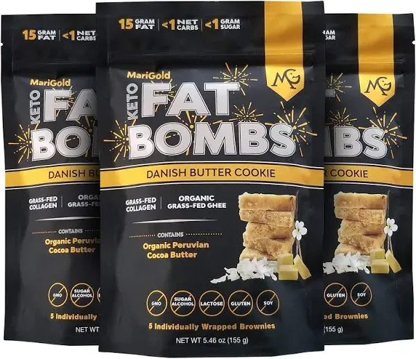 MariGold Keto Fat Bombs - Danish Butter Cookie - Low Carb, Collagen Rich, Grass-fed Ghee, Organic Cocoa Butter, Gluten-Free, Non-GMO (3 bags, 5 Servings each), No Weird Aftertaste