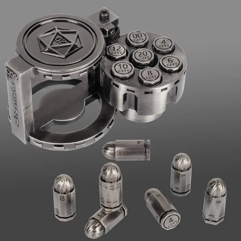 CZYY Metal Polyhedral Bullet Dice Set of 7 with Spinning Revolver Cylinder Container Cyberpunk Style Dice for Warhamme