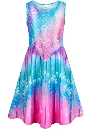 Funnycokid Girls Mermaid Dress Kids Summer Sleeveless Dresses Birthday Sundress Swing Outfit 4-13 Years