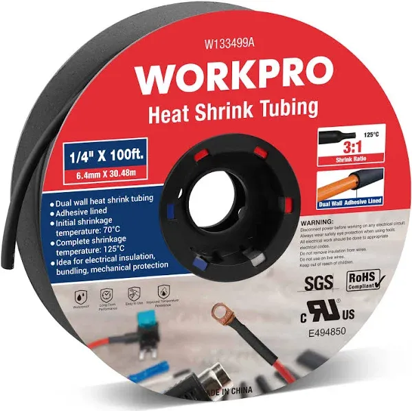 WORKPRO 100 FT 3/8" Heat Shrink Tubing, 3:1 Ratio Dual Wall Adhesive Lined Heat Wire Shrink Wrap Tubing, Industrial and Marine Grade Shrinking Cable Tube, Flame Retardant and Waterproof, Black