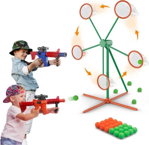 IFLOVE Shooting Outdoor Games Toys for Kids with 2pk Popper Air Toy Guns & Moving Target & 24 Foam Balls,Gift for Boys Age 5 6 7 8 9 10+ Years Old