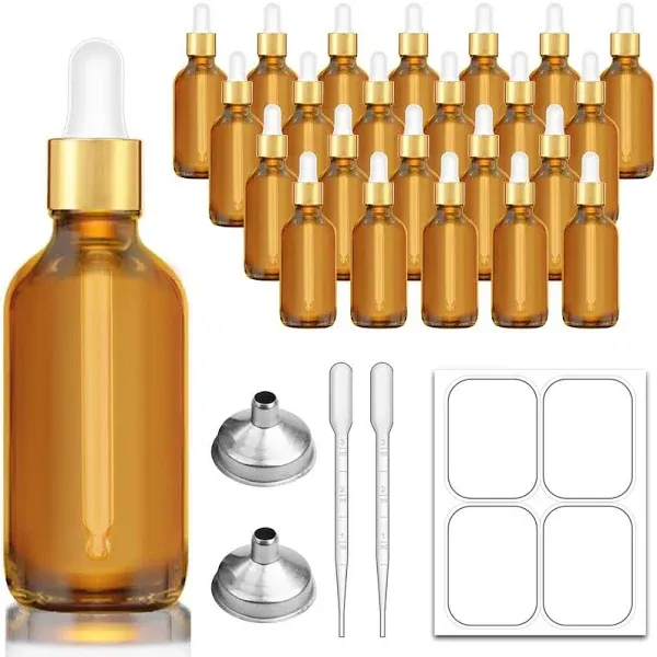 2 oz Dropper Bottle, 24 pack Clear Glass Eye Dropper Bottles with Golden Top Cap for Essential Oils, Tincture Bottle with Labels and Funnel