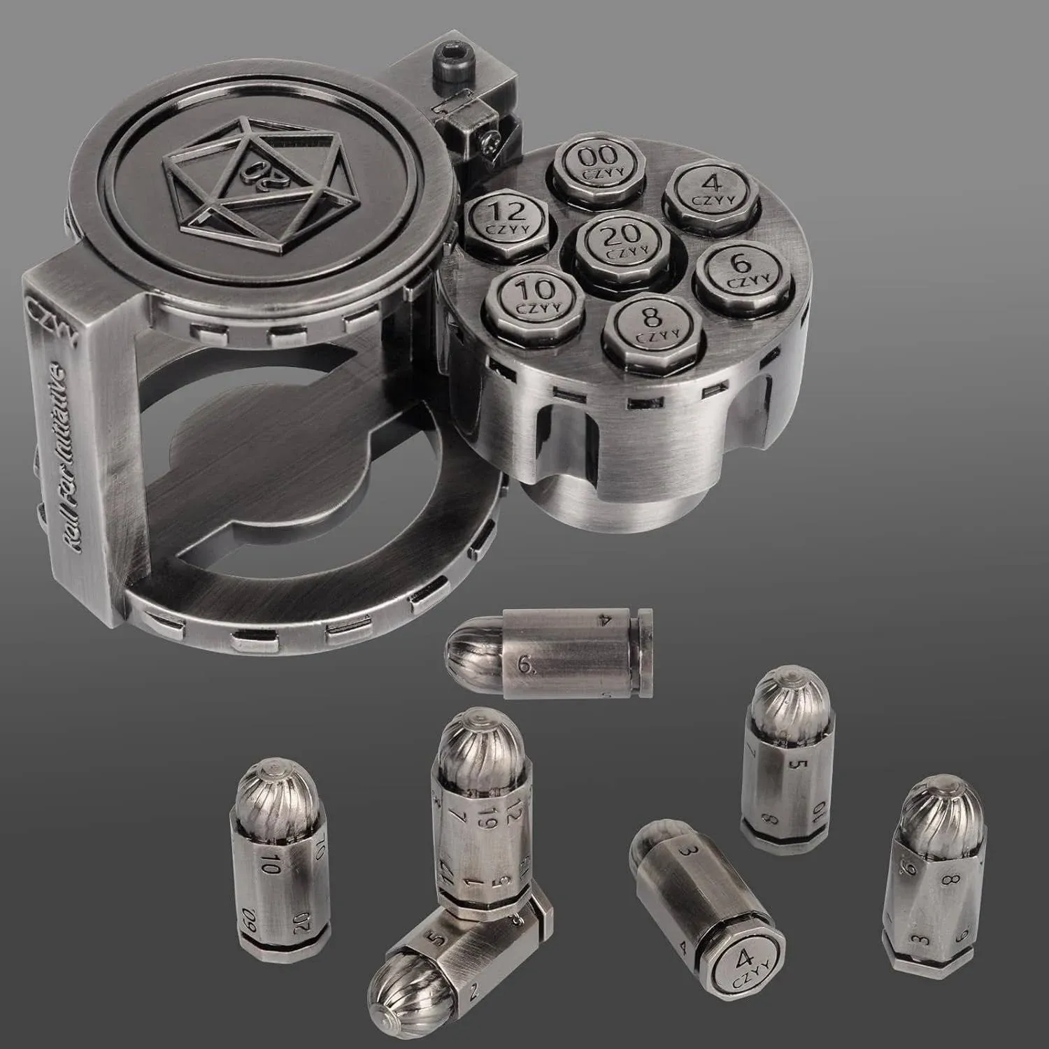 Metal Polyhedral Bullet Dice Set of 7 with Spinning Revolver Cylinder Container - Cyberpunk Style