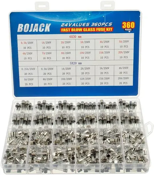 24 Values 360 Pcs Fast-Blow Glass Fuses Assortment Kit 5X20Mm 250V 0.25 0.5 1 2 