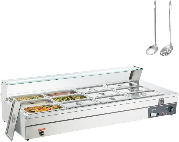 VEVOR 12-Pan Commercial Food Warmer, 12 x 8QT Electric Steam Table with Tempered Glass Cover, 1800W Countertop Stainless Steel Buffet Bain Marie 86-185°F Temp Control for Catering, Restaurant, Silver