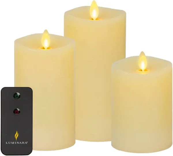 Luminara Realistic Artificial Moving Flame Pillar Candles - Set of 3 - Melted Top Edge, LED Battery Operated Lights - Unscented - Remote Included- 3" x 4.5", 3" x 5.5", 3" x 6.5" (Burgundy)