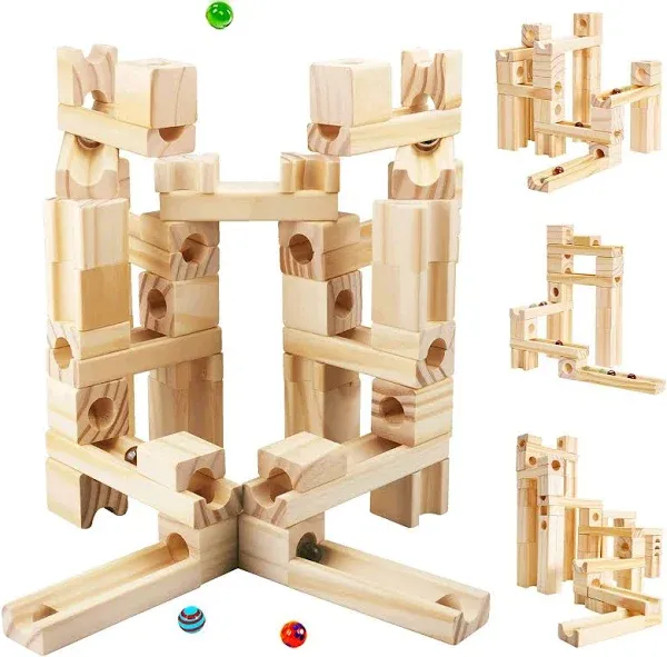 Wooden Marble Run for Kids Ages 4-8, 60 Pieces Wood Building Blocks Toys and Construction Play Set