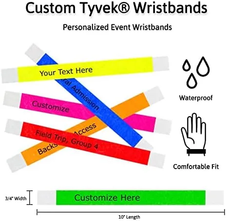 WristCo Custom Printed Wristbands - Select a Color, Quantity & Personalize Any Text to Wrist Band ID Bracelets for Events Concert Party Festival Security Admission VIP