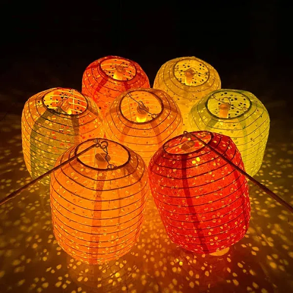 Aiminjey 12Pcs Chinese Paper Lanterns with LED Lights Hollow Out Hanging Asia Japanese Paper Lamps with Tassels Walking Sticks 8 In Lanterns