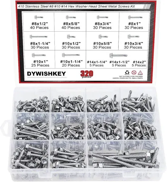 410 Stainless Steel Self Tapping Screws Assortment,240pcs #10 Hex Head Self Drilling Screws for Metal