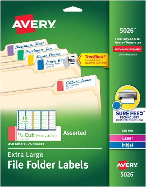 Avery TrueBlock Extra Large File Folder Labels, 15/16" x 3-7/16", 450 Printable Labels, Assorted Colors (5026)