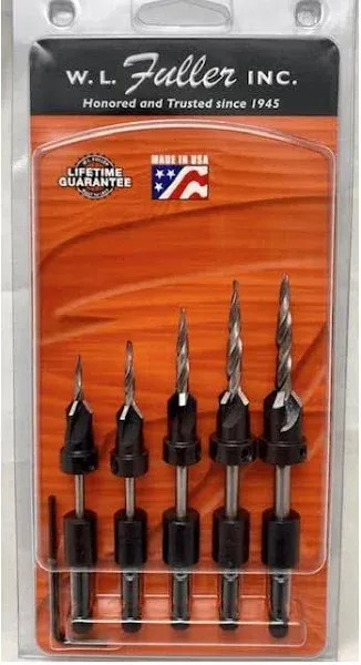 Set of 5 Countersinks with Hex Shank Taper Point Drills & 1 - Hex Key, by W. L. Fuller, for # 5, 6, 8, 10, & 12 Screws Made in The USA