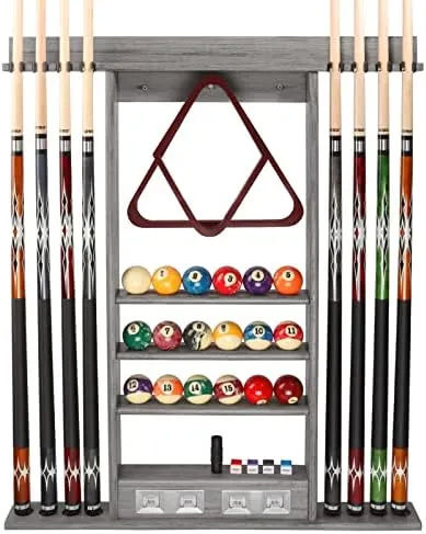 GSE Games & Sports Expert Pool Cue Stick Hanging Wall Mounting Rack with Score Counter,Hold 8 Pool Cue Stick ,Billiard Ball and Rack Brushed Grey