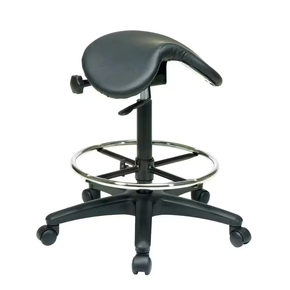 Office Star Adjustable Backless Black Vinyl Saddle Seat Stool with Adjustable Foot Ring