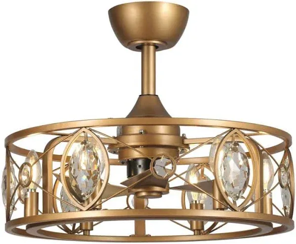 Parrot Uncle 22 in. Brass Gold Crystal Caged Ceiling Fan Chandelier with Remote Control and Light