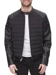 DKNY Men's Mixed Media Faux Leather Puffer Motocros Racer Jacket