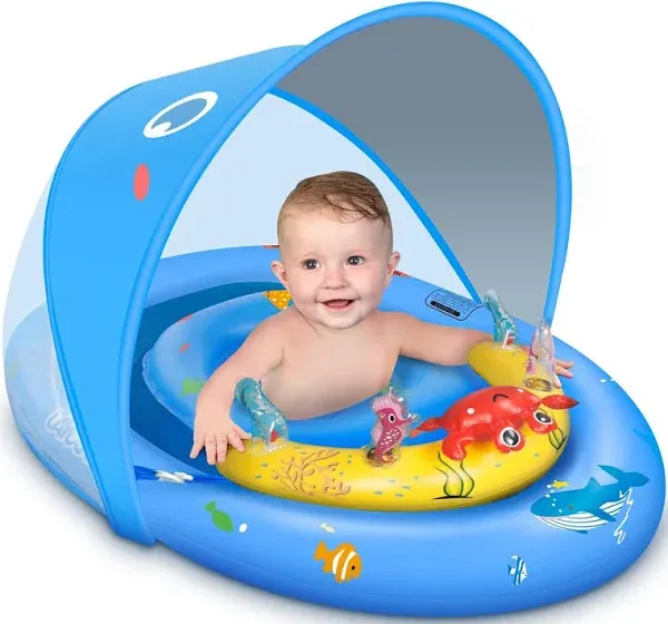  Baby Pool Float with UPF50+ Sun Protection Canopy &amp; Toy Play Blue