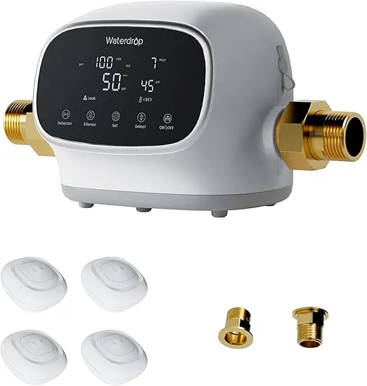 Waterdrop Smart Water Leak Detector with Pre-Filtration for Home,Water Monitor&Automatic Shutoff Sensor,Low Temp Alert,Water Usage Monitor,WD-WHMR for 1&3/4 Inch Diameter Pipe,Wireless Water Monitor