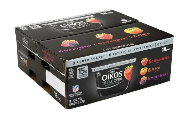 Oikos Triple Zero Blended Greek Nonfat Yogurt, 5.3 oz, Strawberry/Mixed Berry/Vanilla, 18/Box