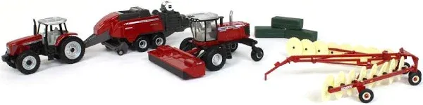 Massey Ferguson 1/64 4 Piece Haying Set Includes Tractor, Wind Rower, Baler, Hay Rake, and Bales by ERTL 16421, unisex adult